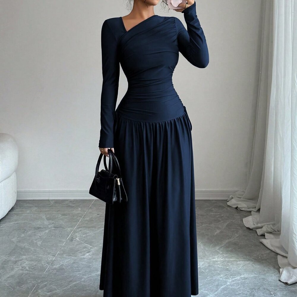 Royal Elegant Women's Oblique Collar Long Sleeve Pleated A-Line Long Dress - Picture 3 of 8